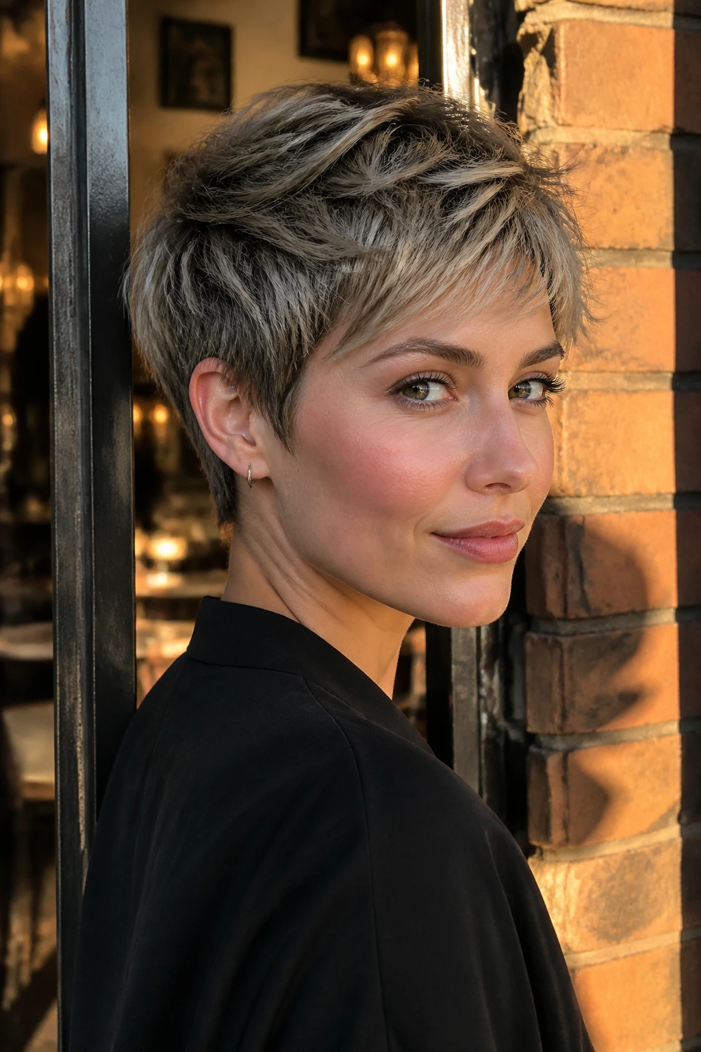 Close-up of a real woman with a pixie cut in warm afternoon light