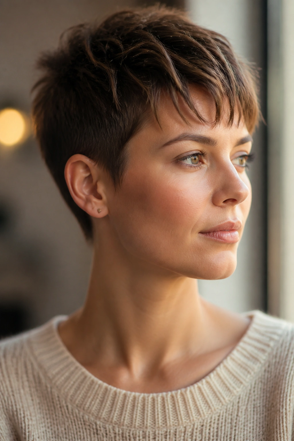 Close-up portrait of a real woman with a modern pixie cut, warm side-window lighting
