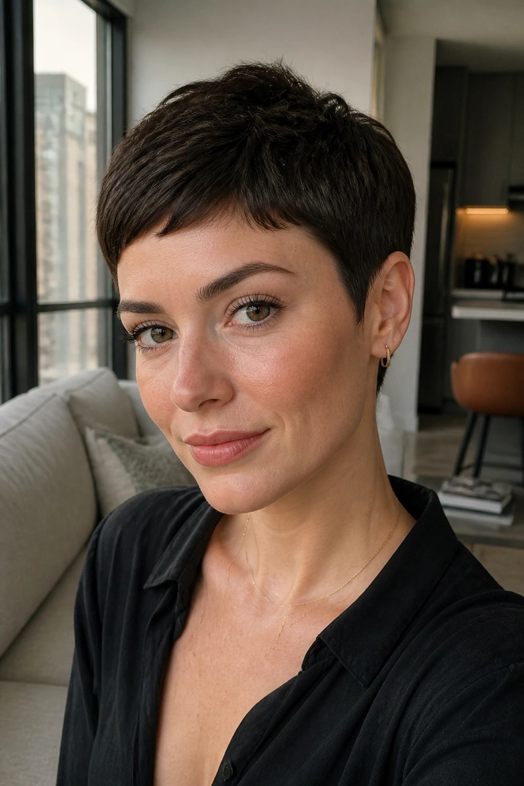 Close-up of a woman with a classic pixie cut under natural light.