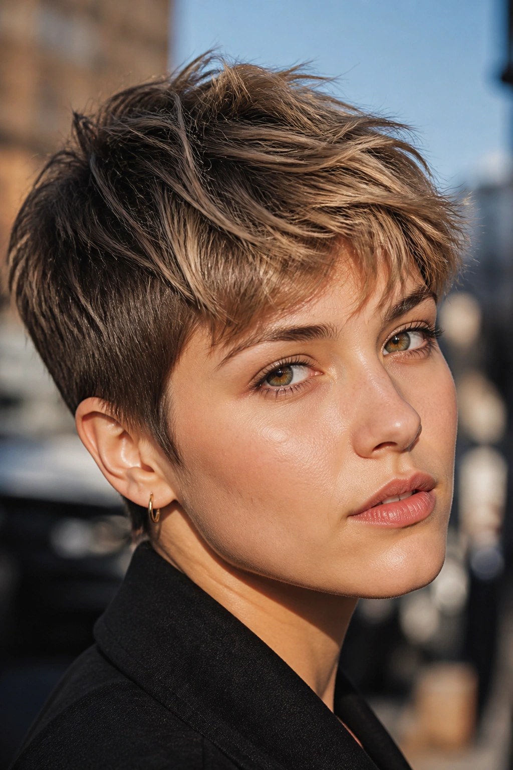 Real woman with textured pixie cut outdoors in daylight
