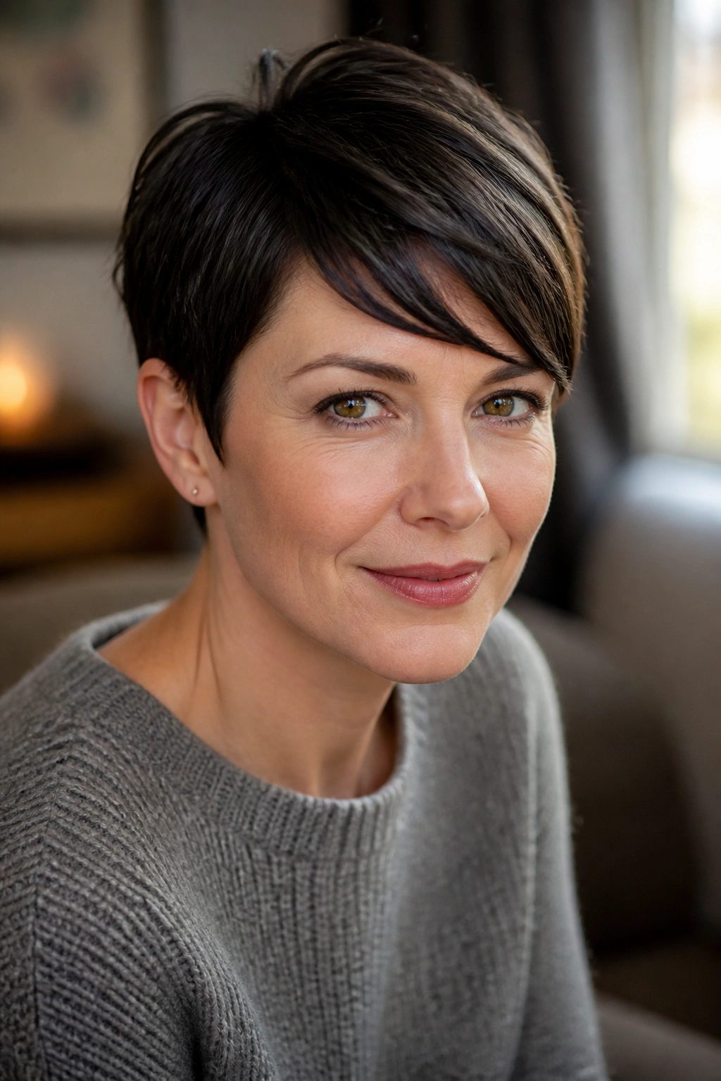 Close-up of a real woman with short side bangs for a pixie cut in natural window light