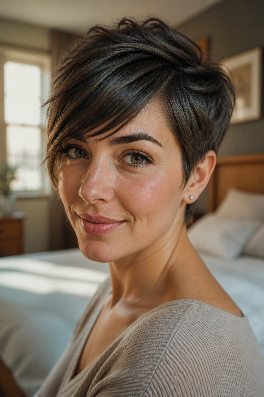Close-up of a real woman with a pixie cut and side bangs