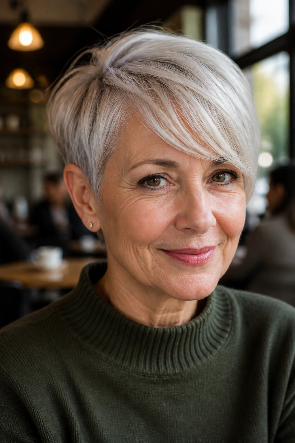 Portrait of a woman with pixie cut and side-swept bangs in cafe lighting
