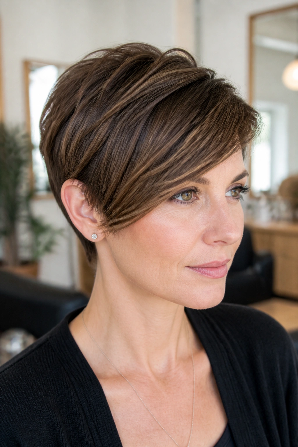 Portrait of a woman with pixie cut and side bang framing the face