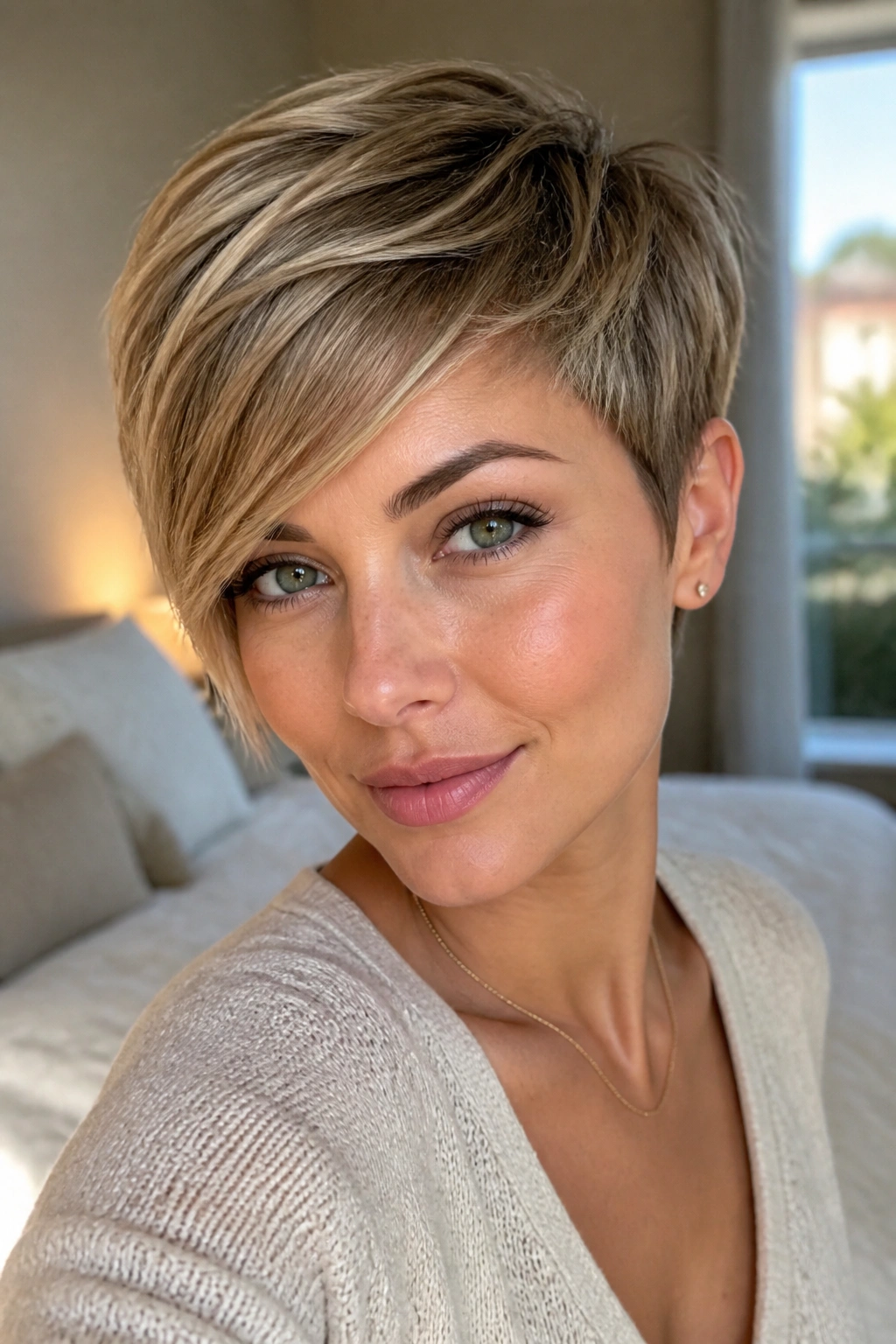 Close-up portrait of a real woman with a side-swept pixie cut in soft window light