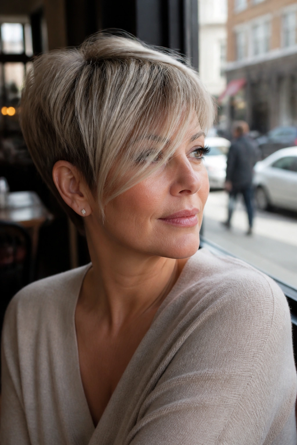 Portrait of a real woman with a Side-Swept Pixie With Long Fringe framing the face