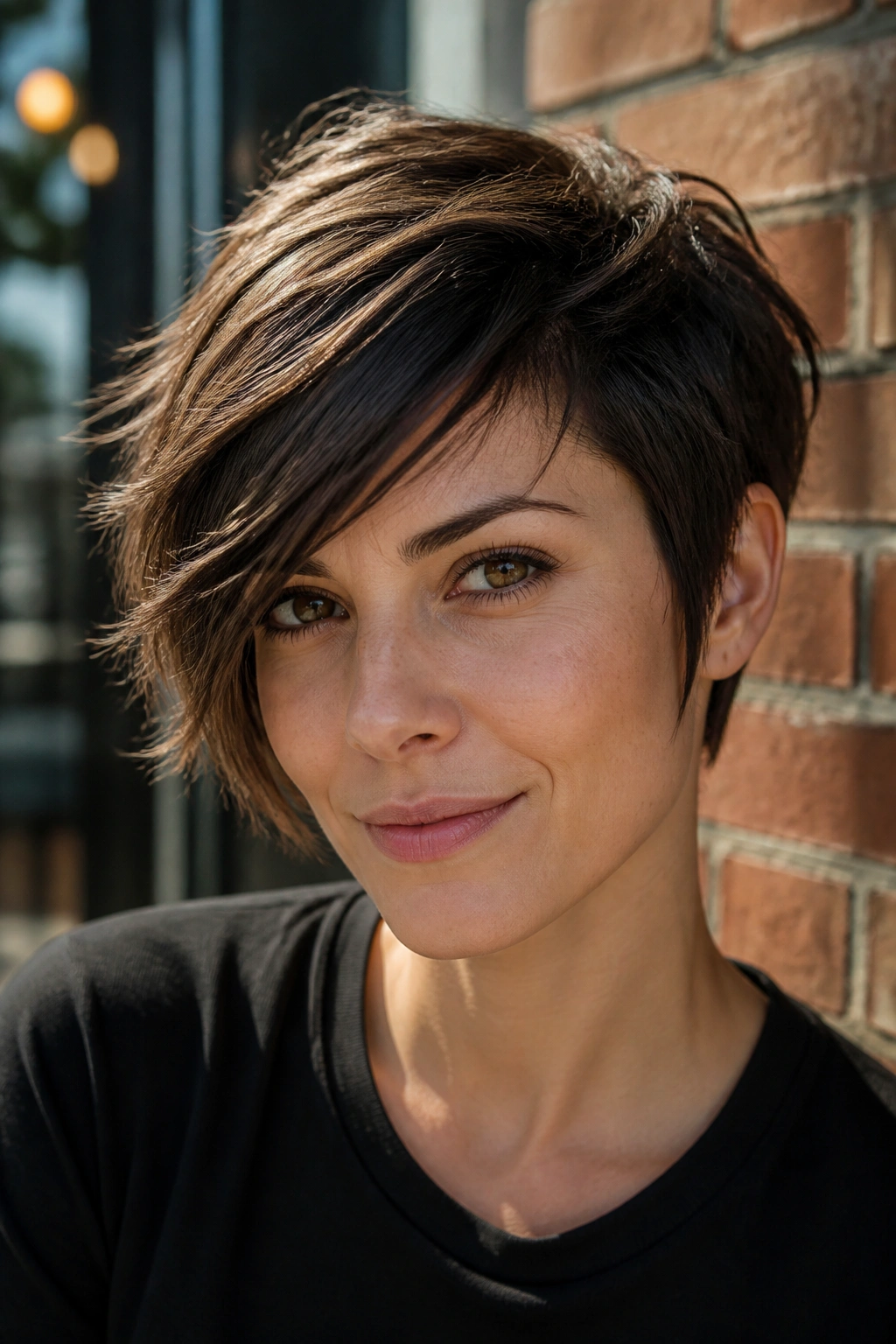 Close-up of real woman with side-swept fringe pixie framed by soft outdoor light