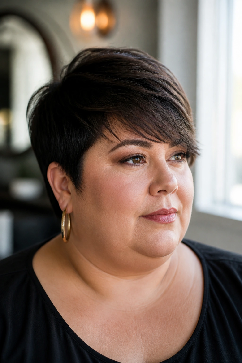 Close-up of real woman with side-swept fringe pixie softening facial width