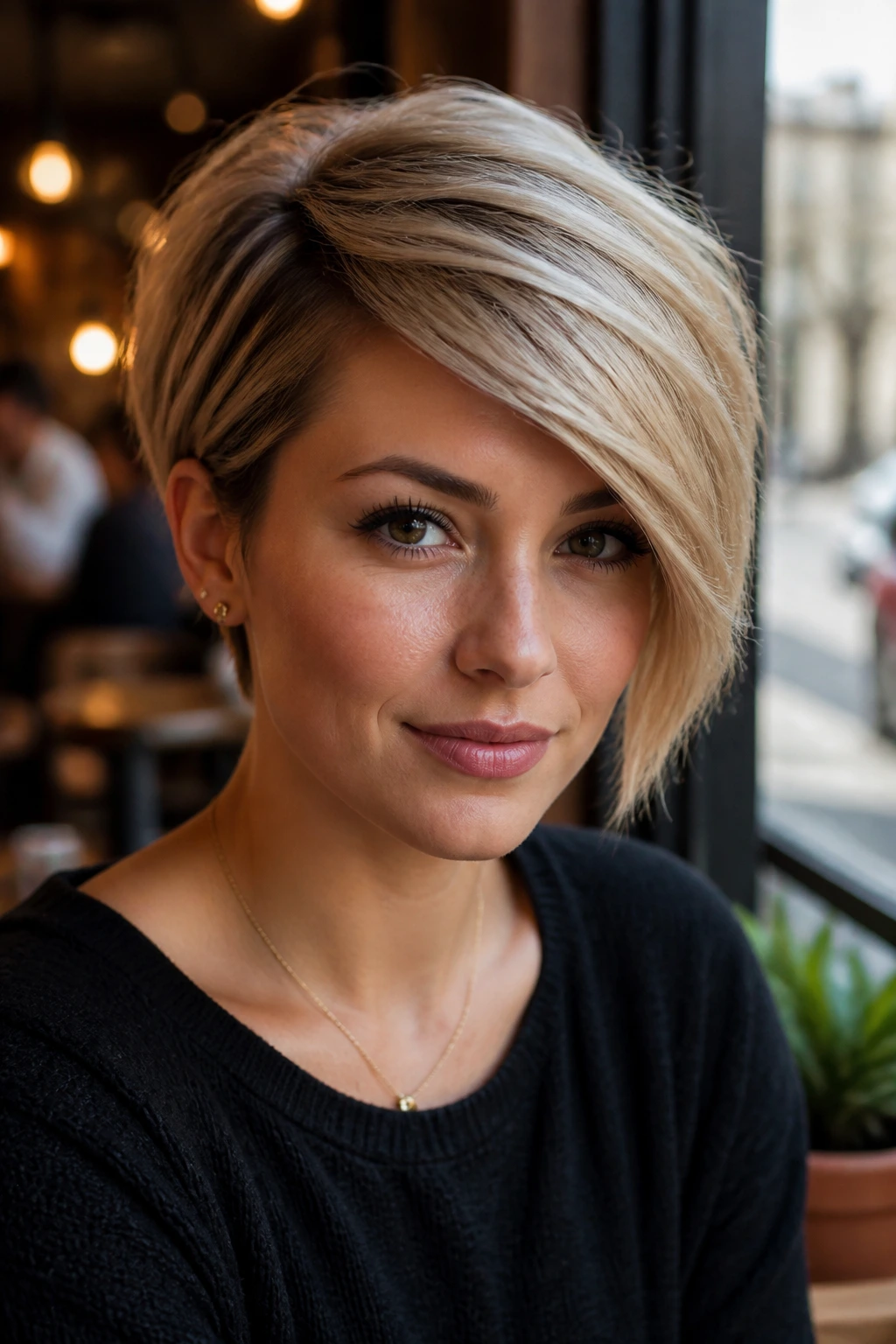 Close-up portrait of a real woman with a side-swept pixie cut, fringe sweeping across the forehead.