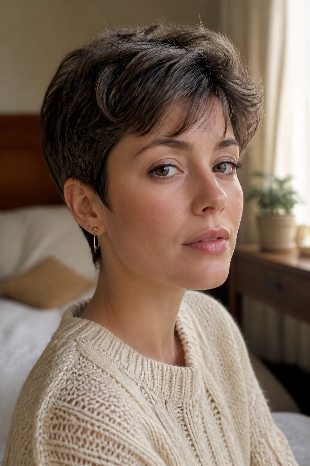 Close-up of a real woman with a grown-out pixie and soft edges around ears