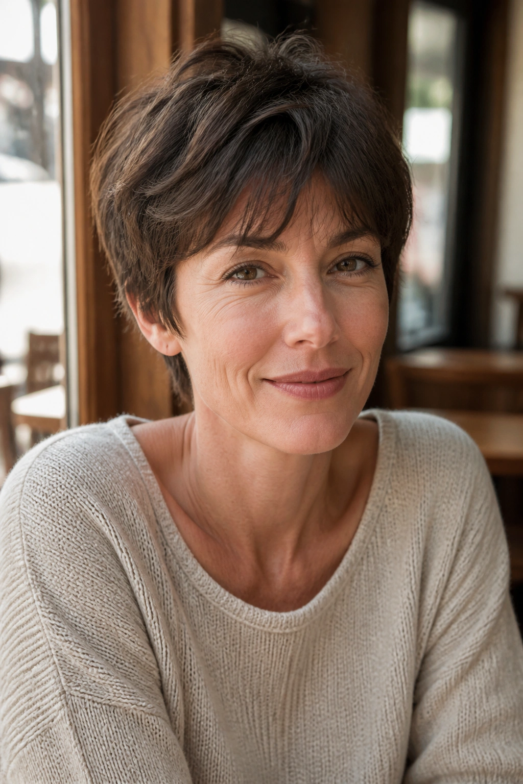 Portrait of a woman with a soft-fringe French girl pixie in a sunlit cafe setting.