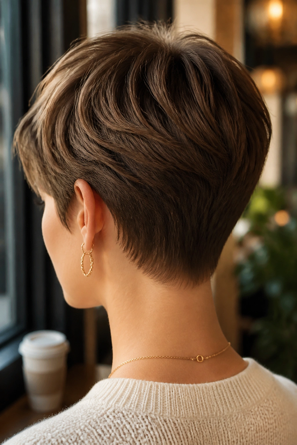 Back-of-head view of real woman with soft-nape pixie cut in cafe light