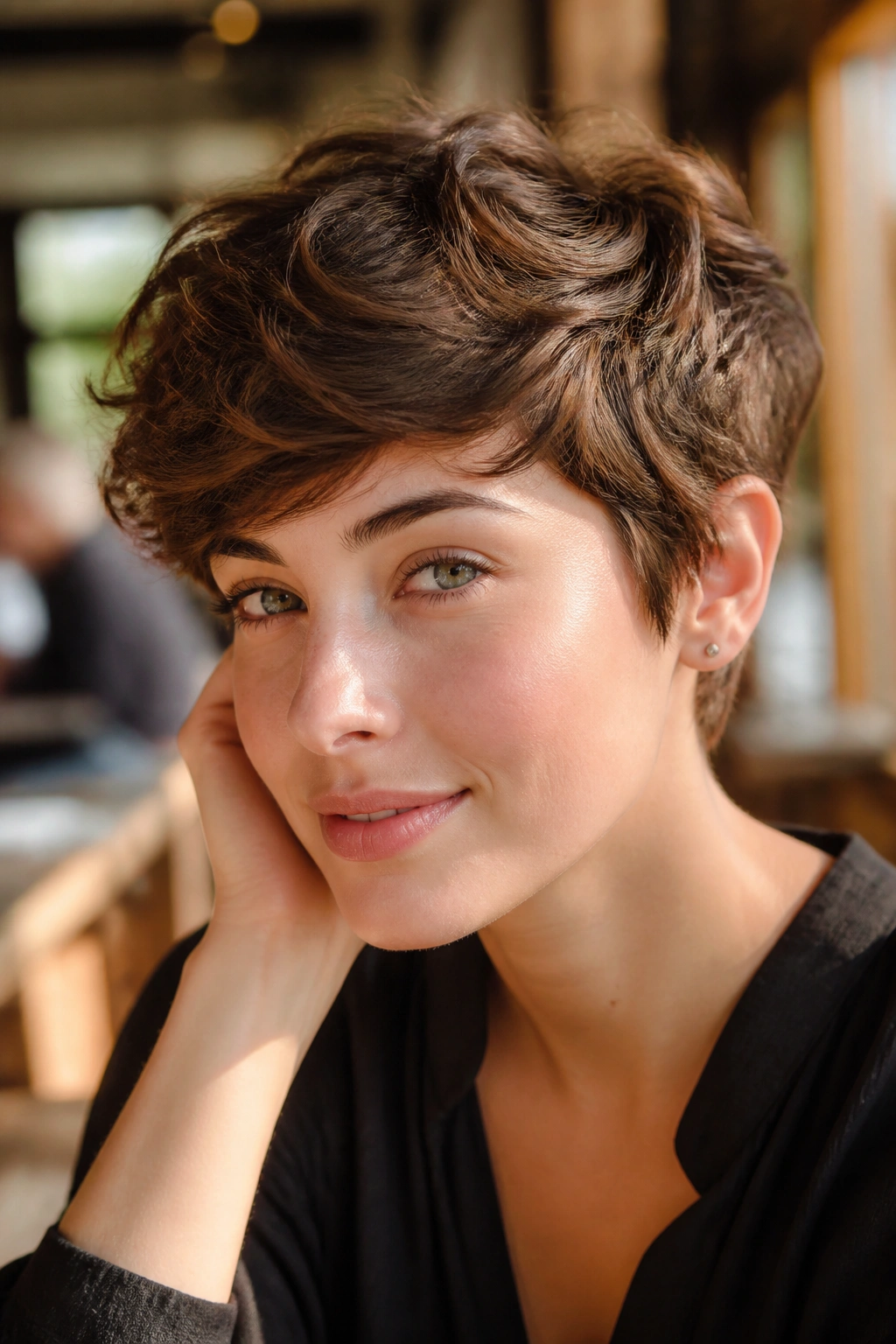 Close-up portrait of a real woman with a soft-wavy pixie cut in cafe light