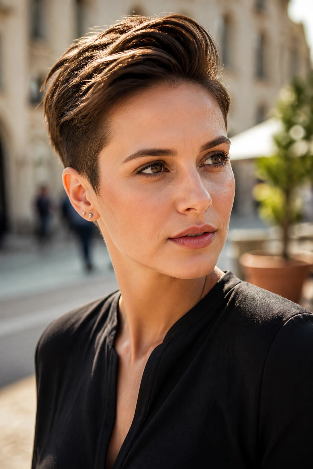 Portrait of a woman with swept-back pixie cut showing lifted crown
