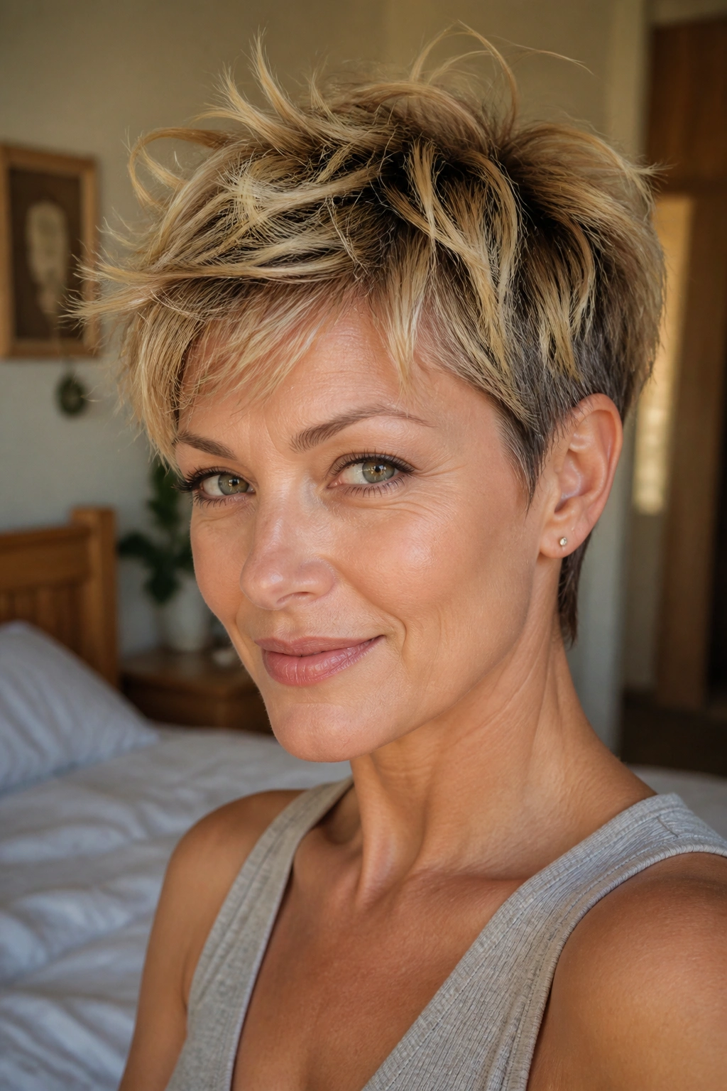Close-up portrait of real woman with tapered bedhead pixie in a sunlit bedroom