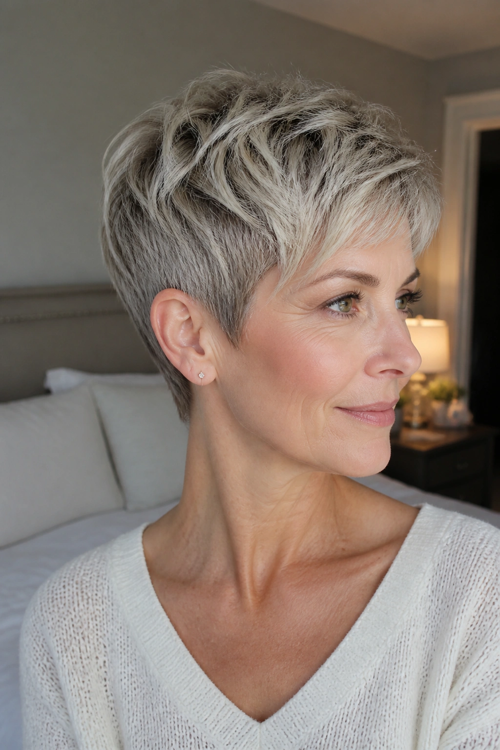 Close-up of a real woman with Classic Tapered Pixie With Soft Nape, tapered sides and clean nape
