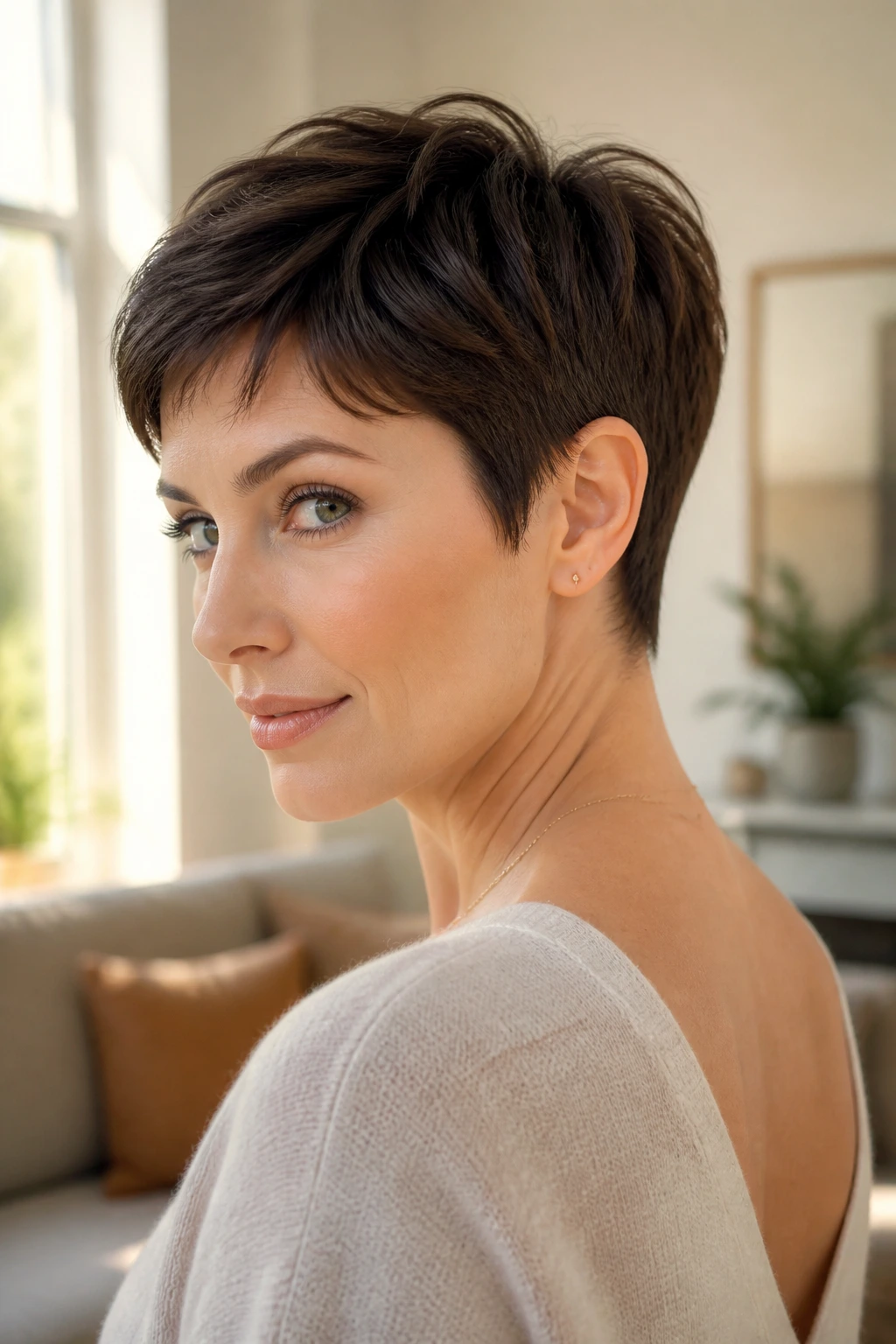 Close-up portrait of a real woman with a classic pixie cut and tapered nape in warm window light