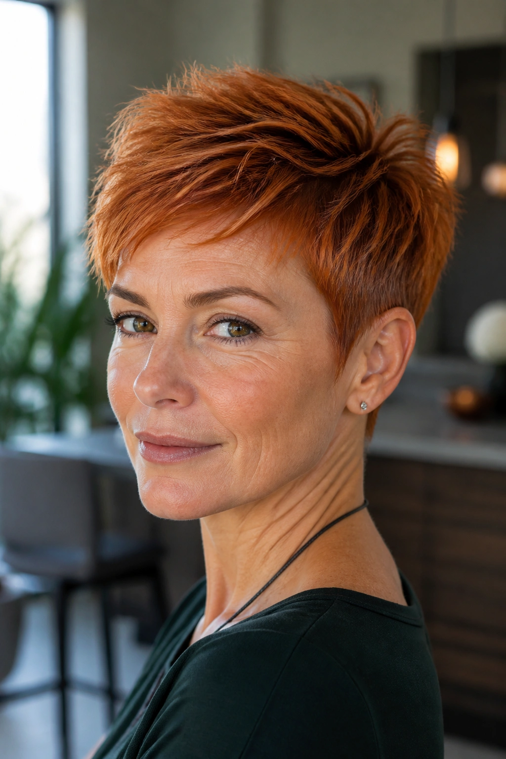 Close-up portrait of a real woman with pixie cut and piecey texture in copper red hair