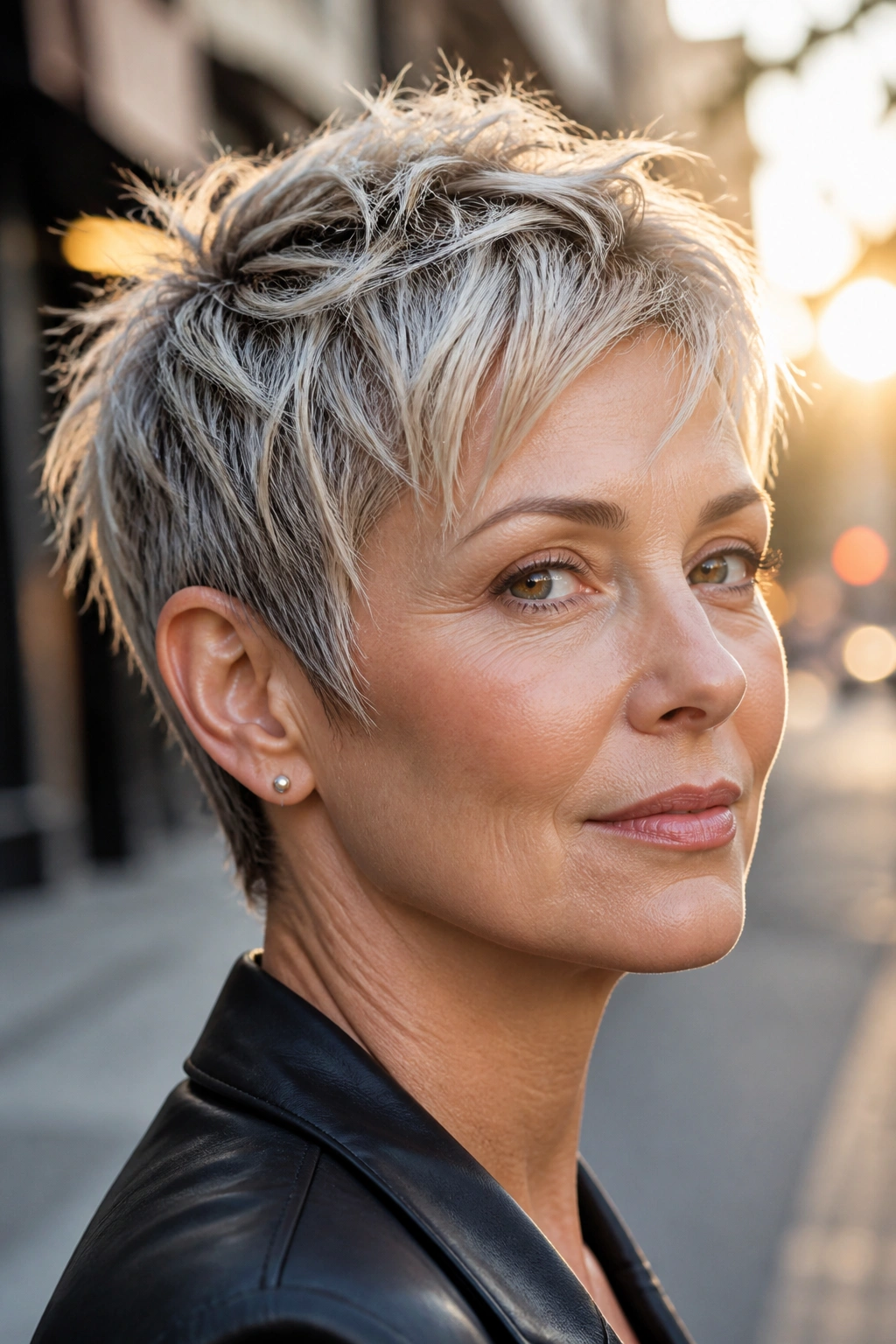 Close-up of a real woman with Choppy Textured Pixie With Piecey Ends, vibrant texture