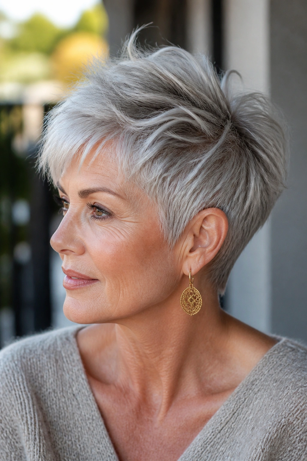 Close-up of woman with textured pixie and longer crown