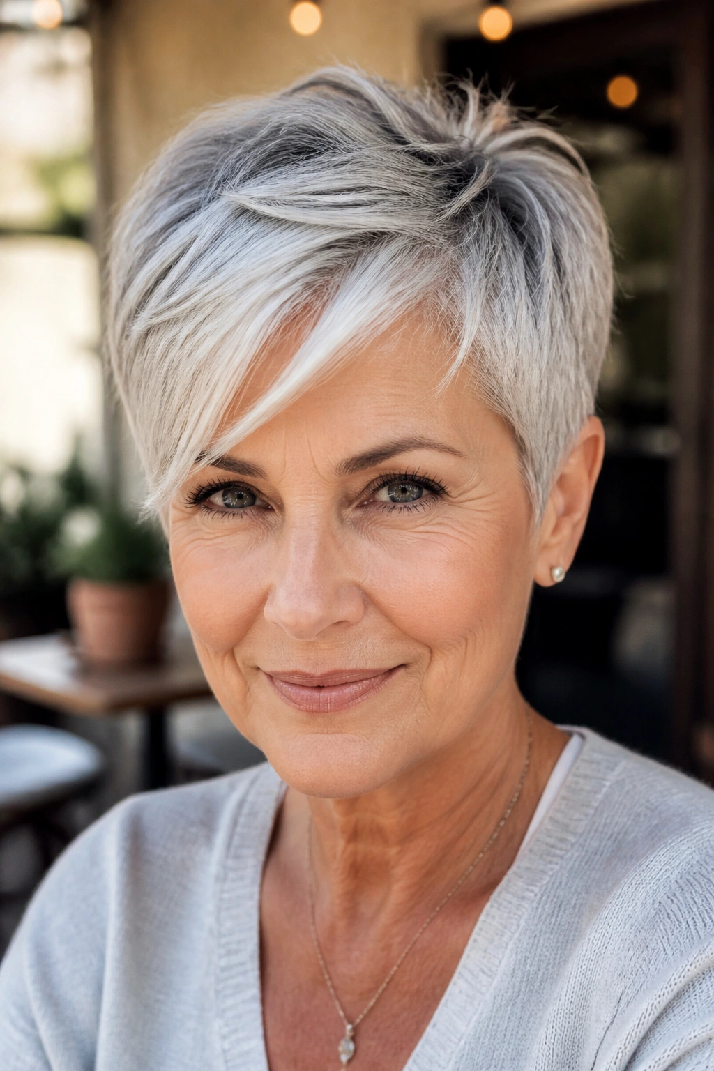Close-up of a woman with a textured pixie and side-swept fringe.