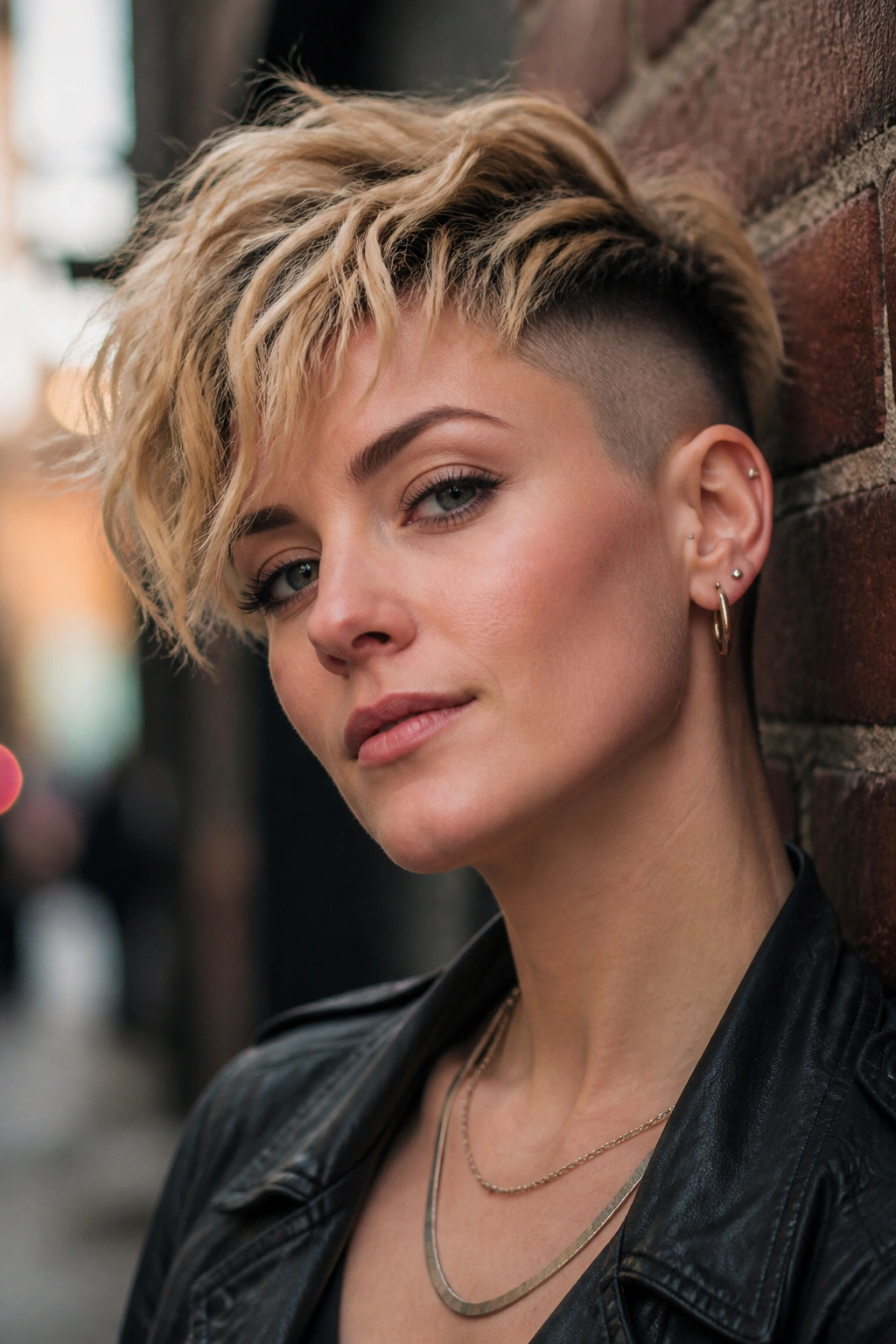 Close-up of real woman with undercut messy pixie and textured top against brick wall