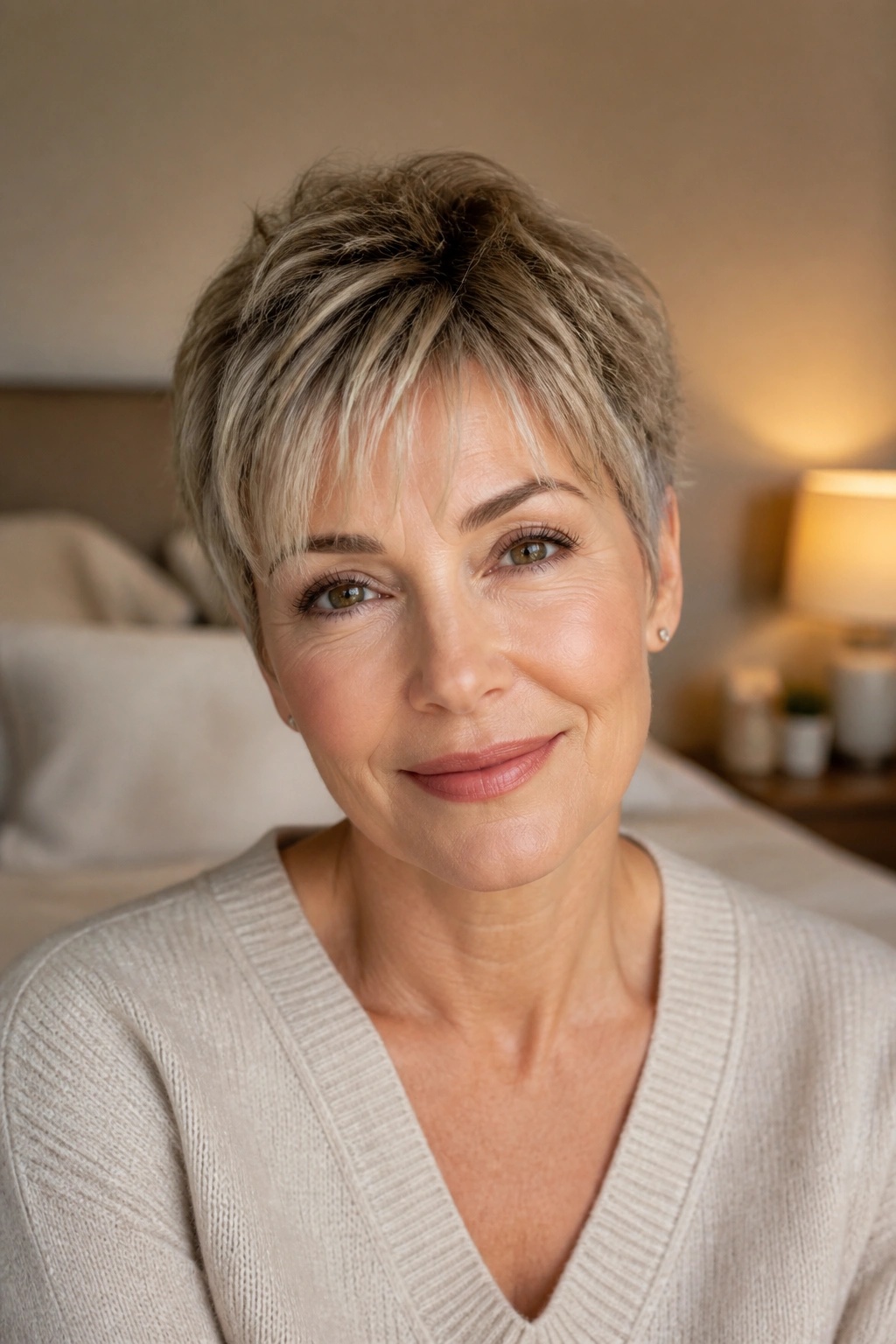 Real woman with wispy bangs softening the forehead in a cozy bedroom.