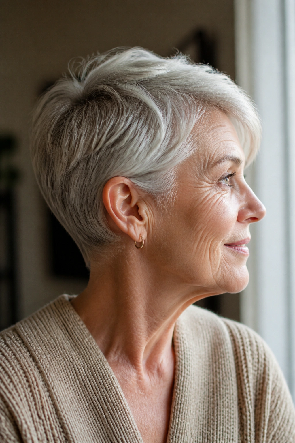 Side-profile of a real woman with a grown-out pixie and ear tuck