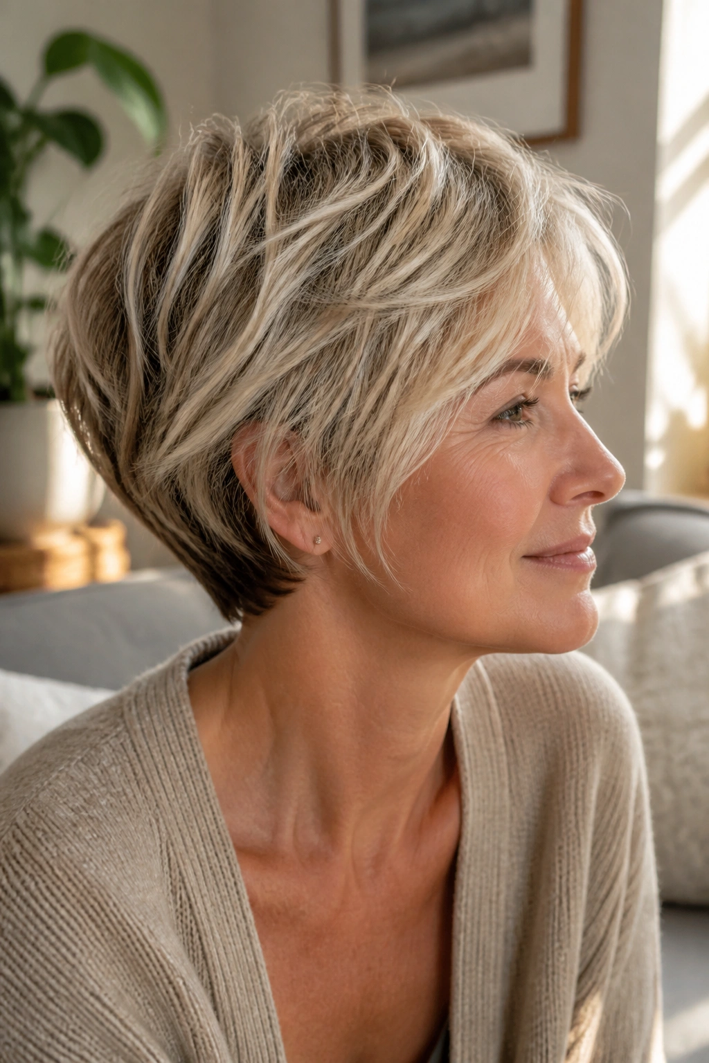 Close-up portrait of a real woman with feathered pixie bob.