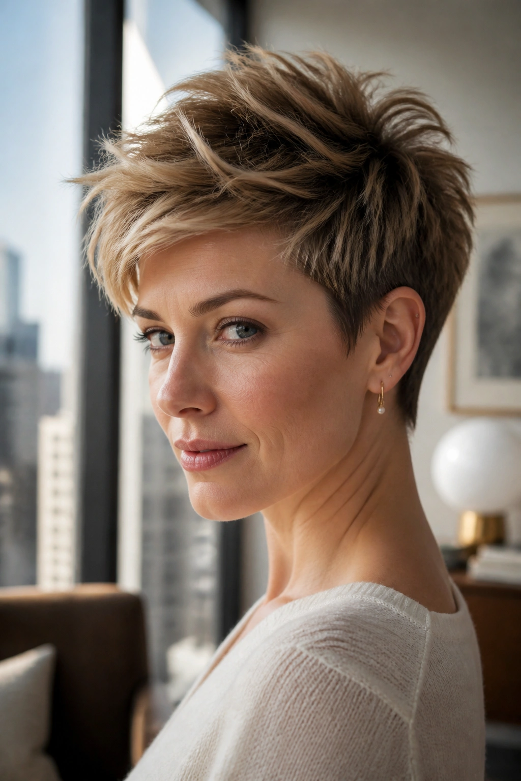Close-up of a real person with a forward-swept textured pixie cut.