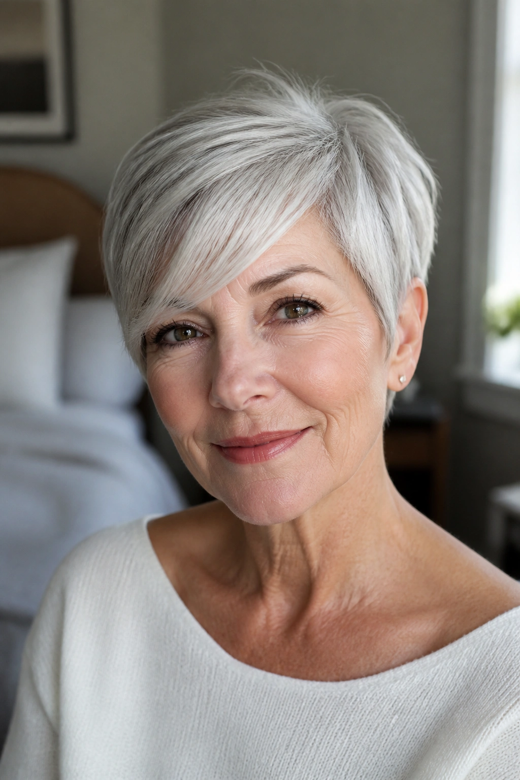 Close-up of real woman with side-swept pixie and soft fringe in natural light