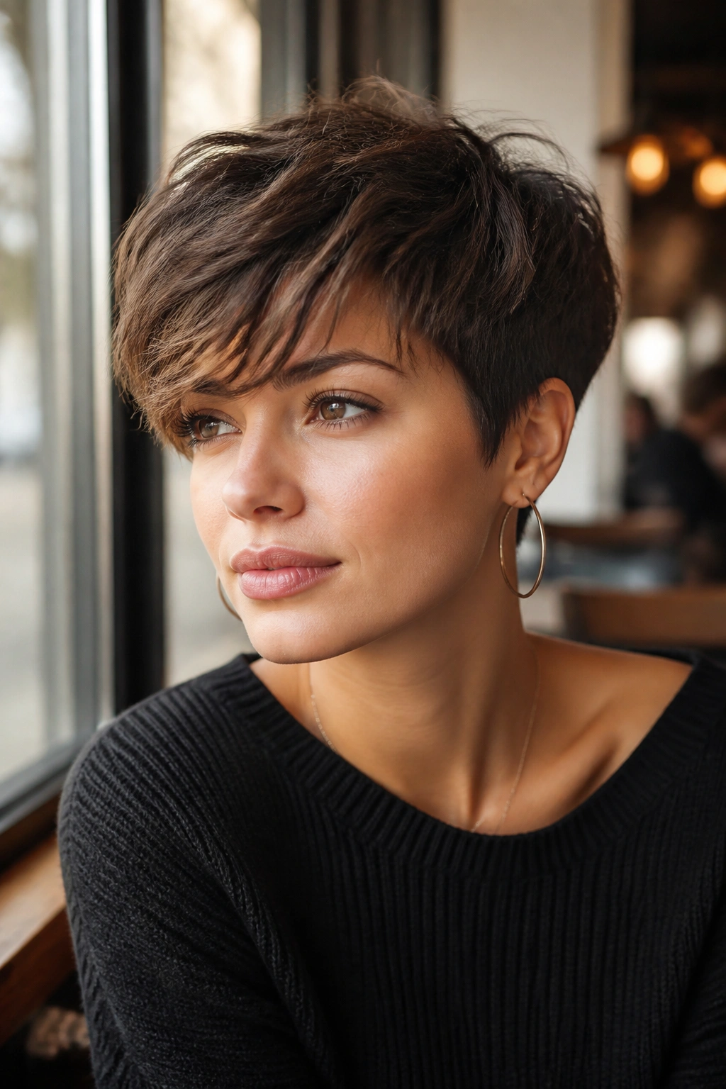 Close-up of a real woman with a textured pixie and longer fringe in soft daylight