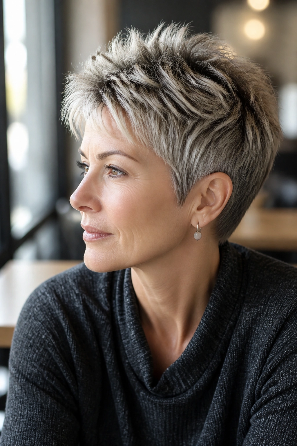 Close-up of cropped pixie with frosted top layers on a real person in natural cafe light