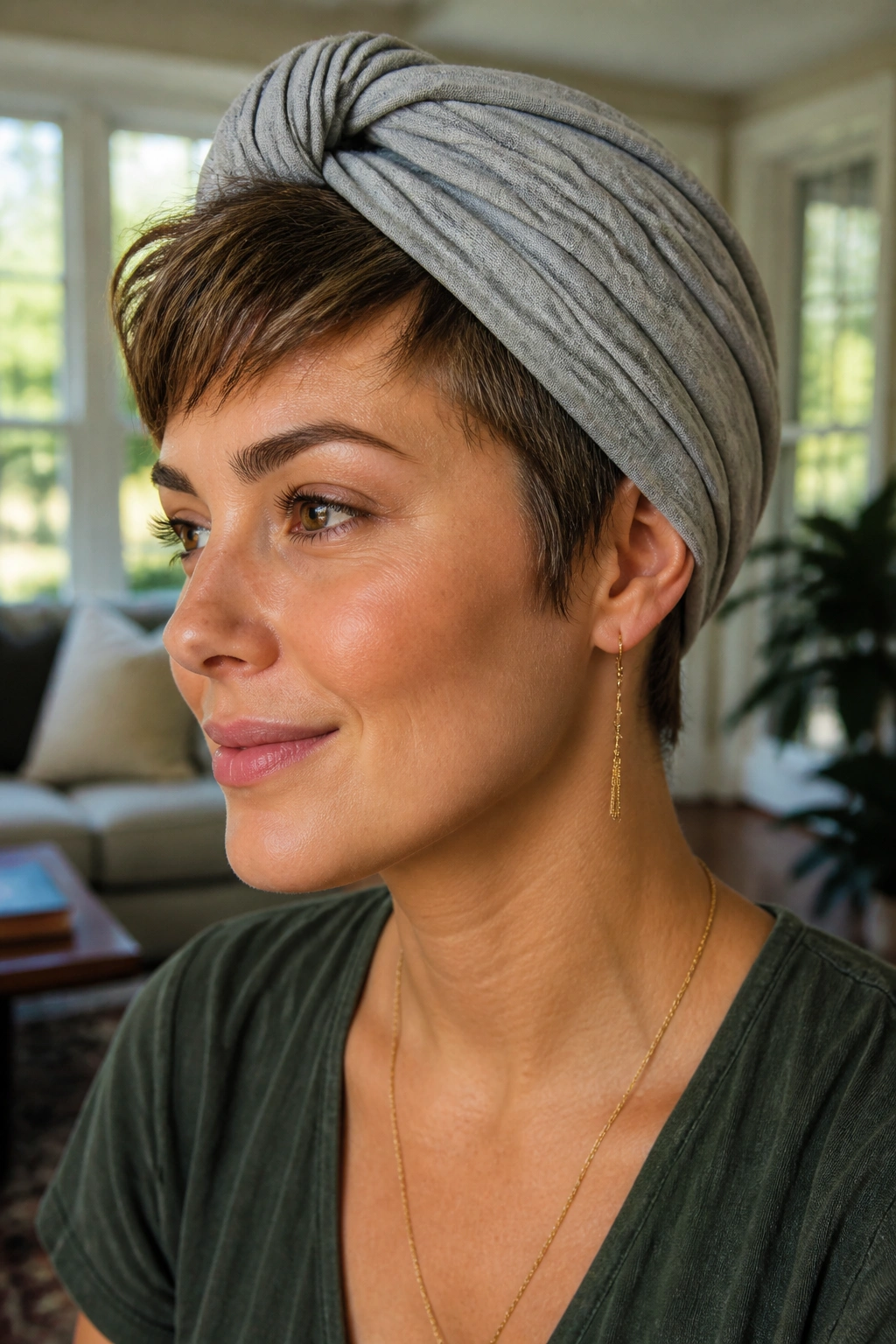 Close-up of real person with pixie grow-out wearing turban wrap.