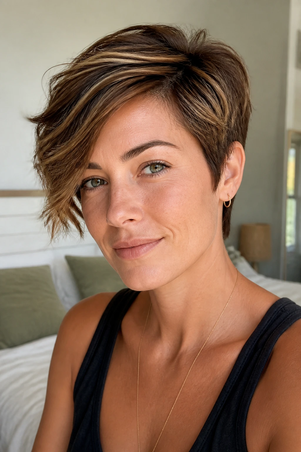 Close-up portrait of a real woman with a grown-out pixie and side-swept fringe in natural window light