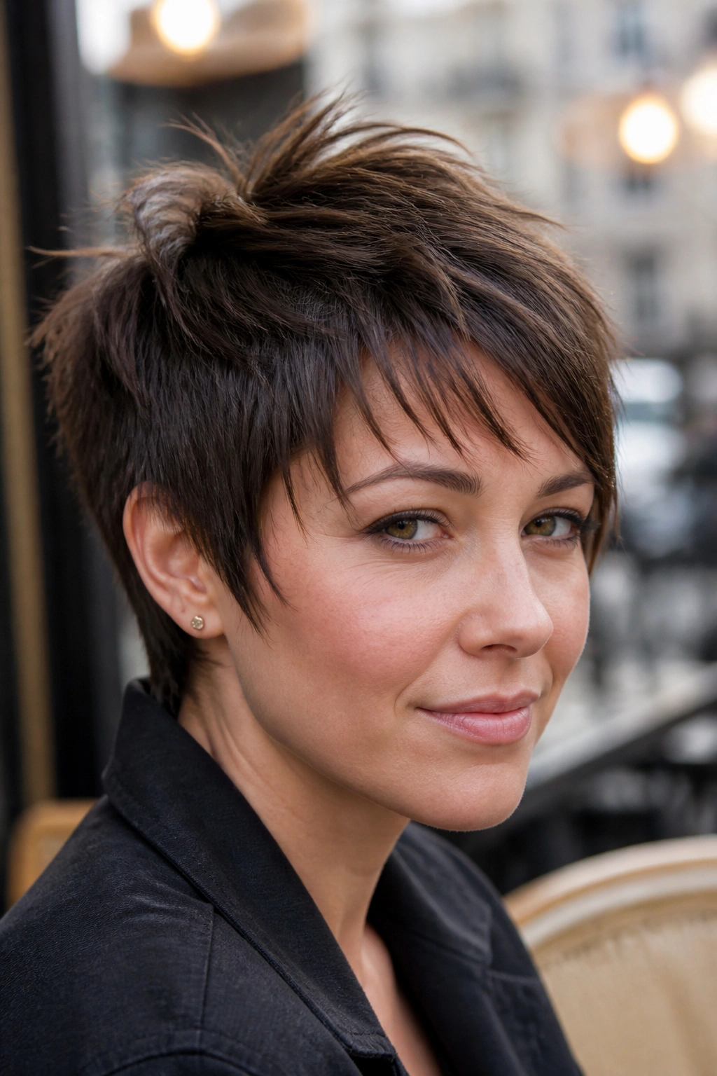 Close-up portrait of a real person with a choppy textured pixie and piecey ends, showing movement and texture.