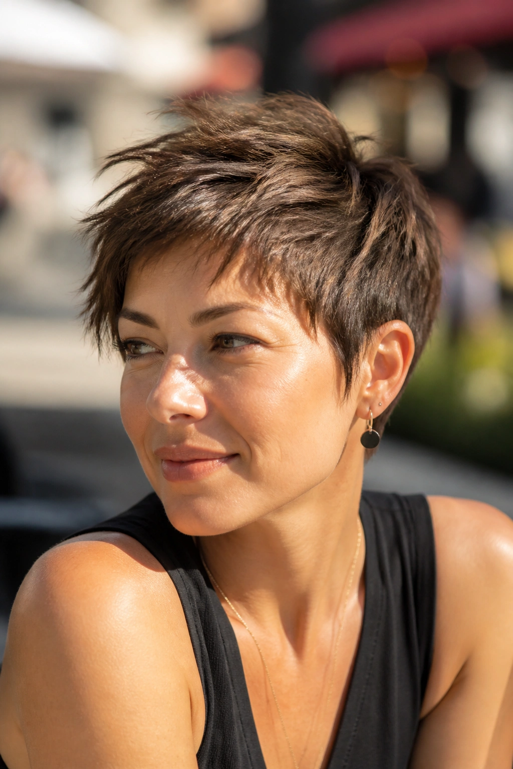 Portrait of woman with choppy pixie and piecey ends