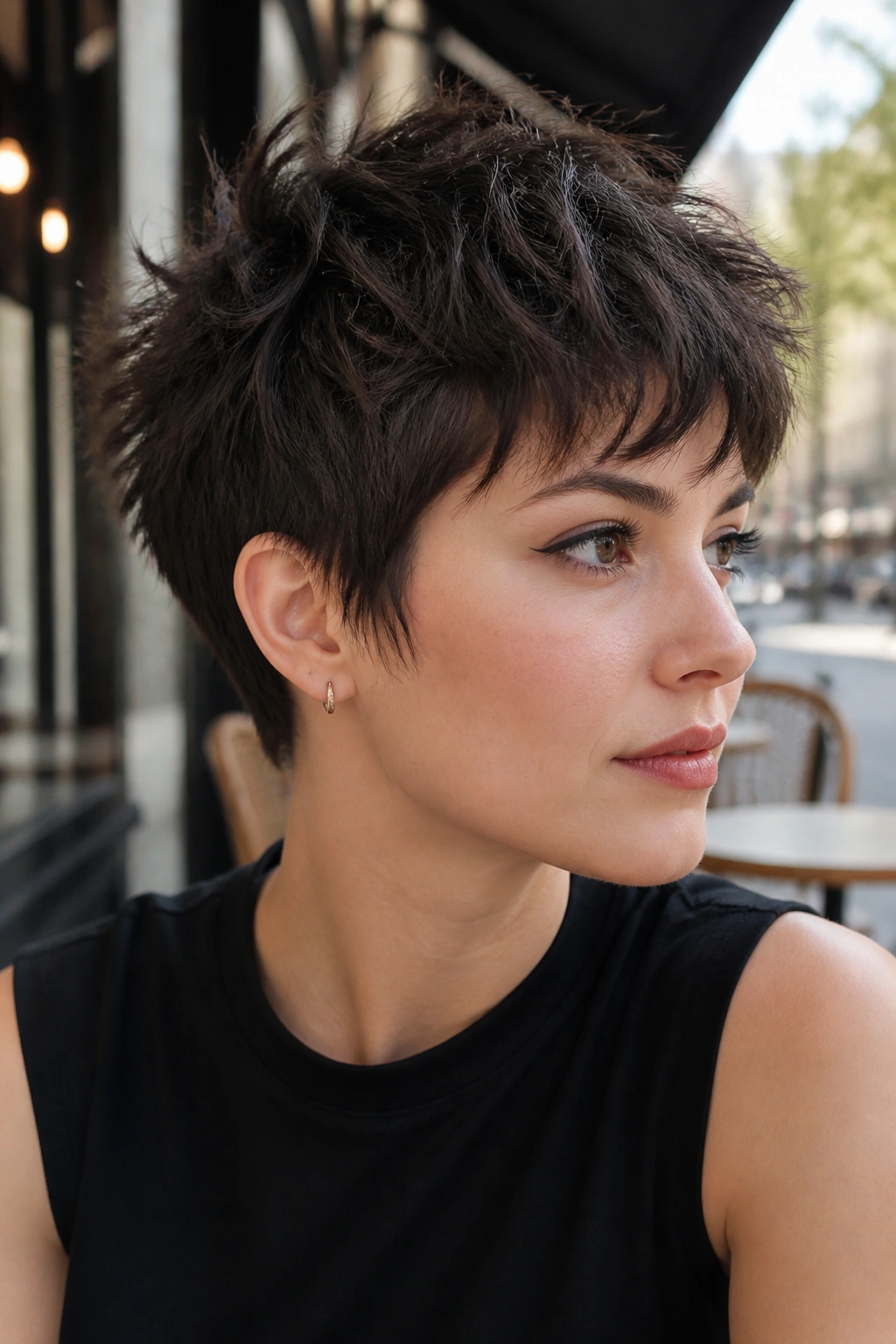 Close-up of real woman with choppy textured pixie showing piecey top and tight sides