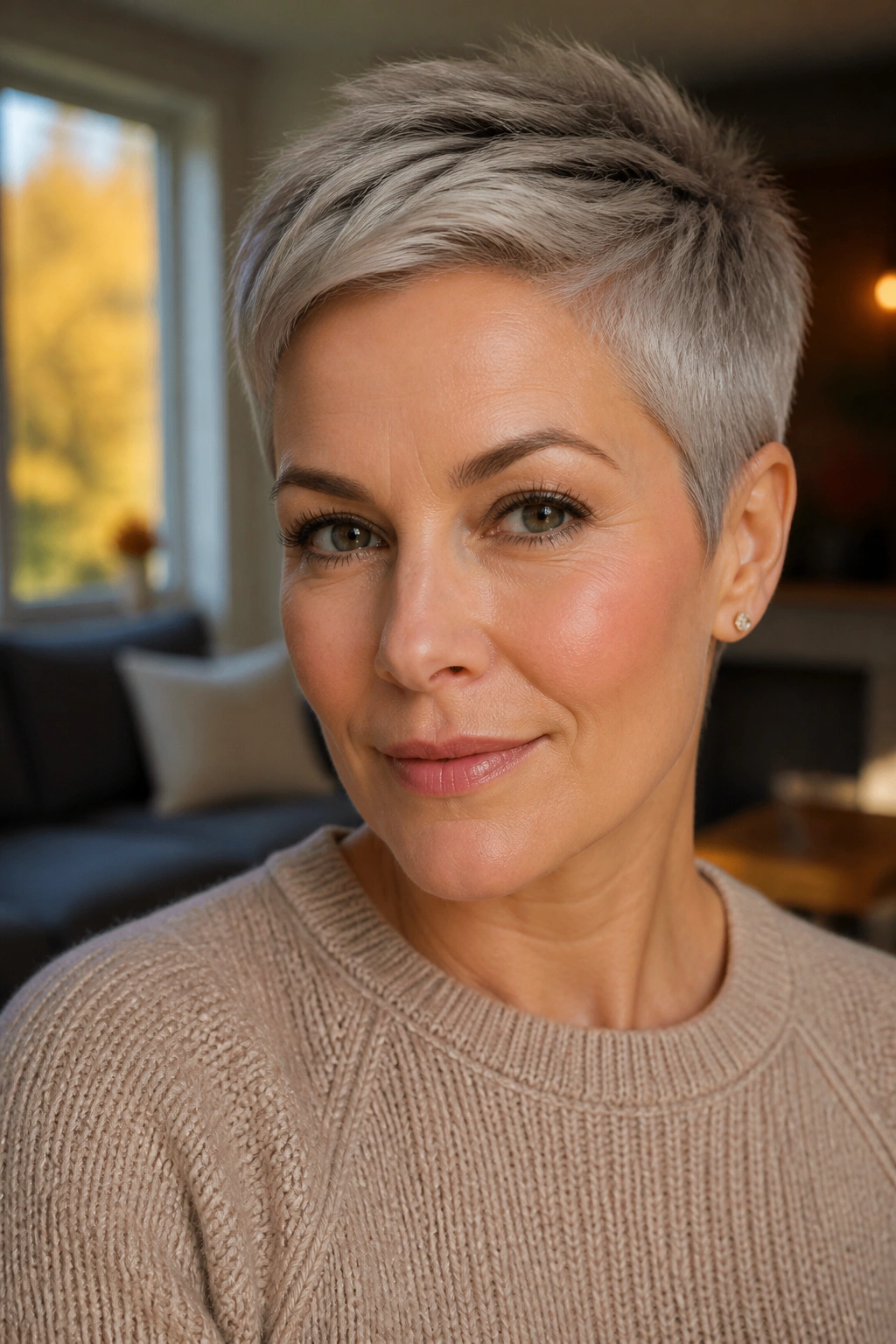 Close-up portrait of a real woman with a classic cropped pixie under natural window light