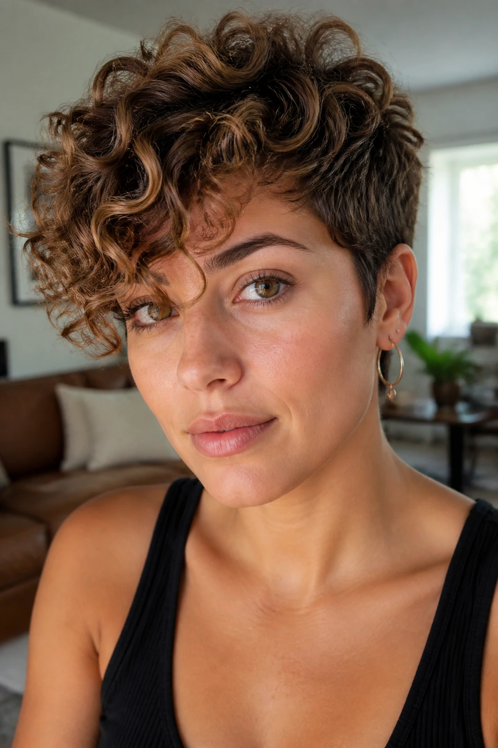 Close-up portrait of a real woman with a grown-out pixie and long curly fringe, natural window light