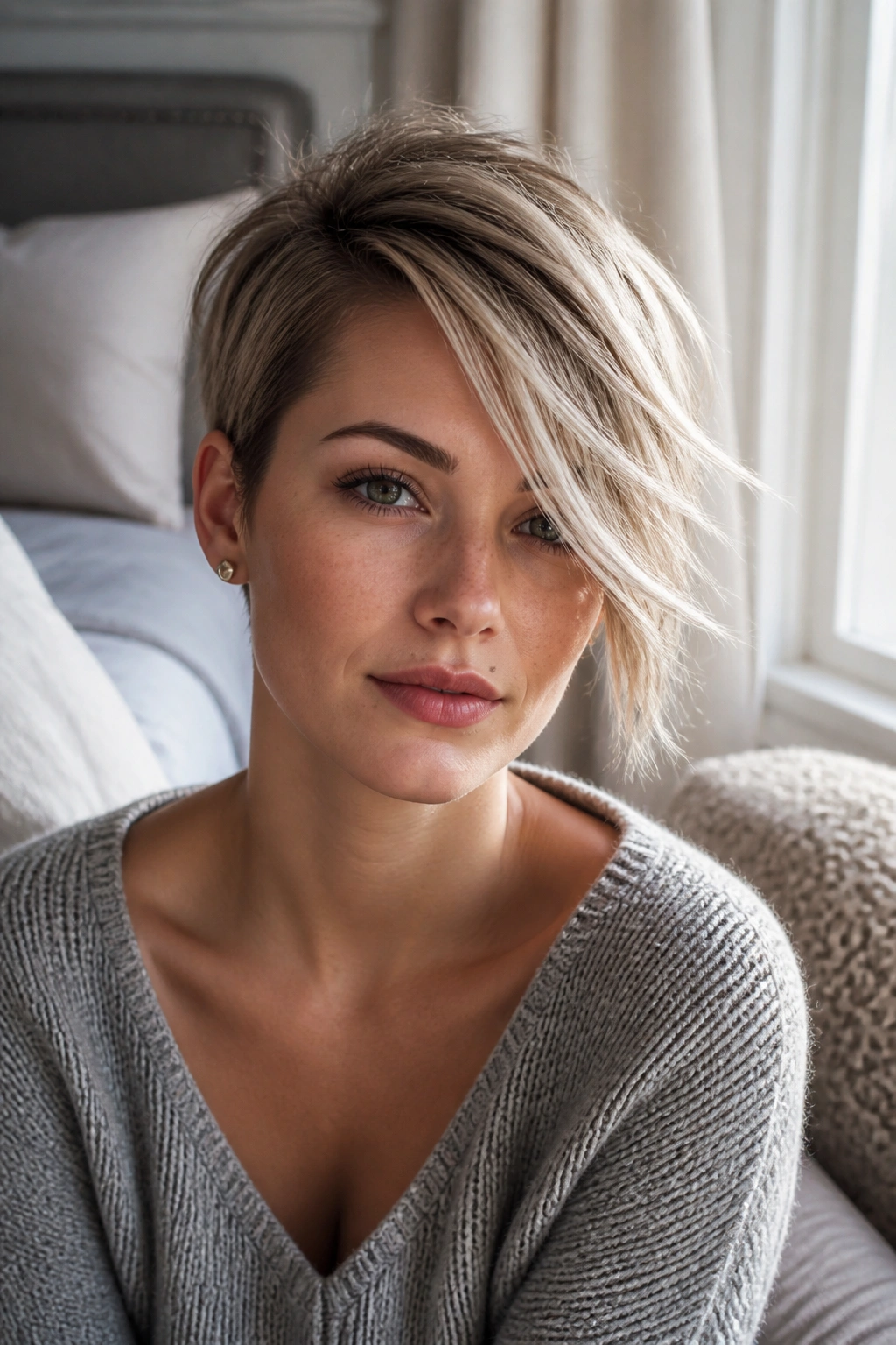 Real woman with side-swept pixie and long fringe in natural daylight