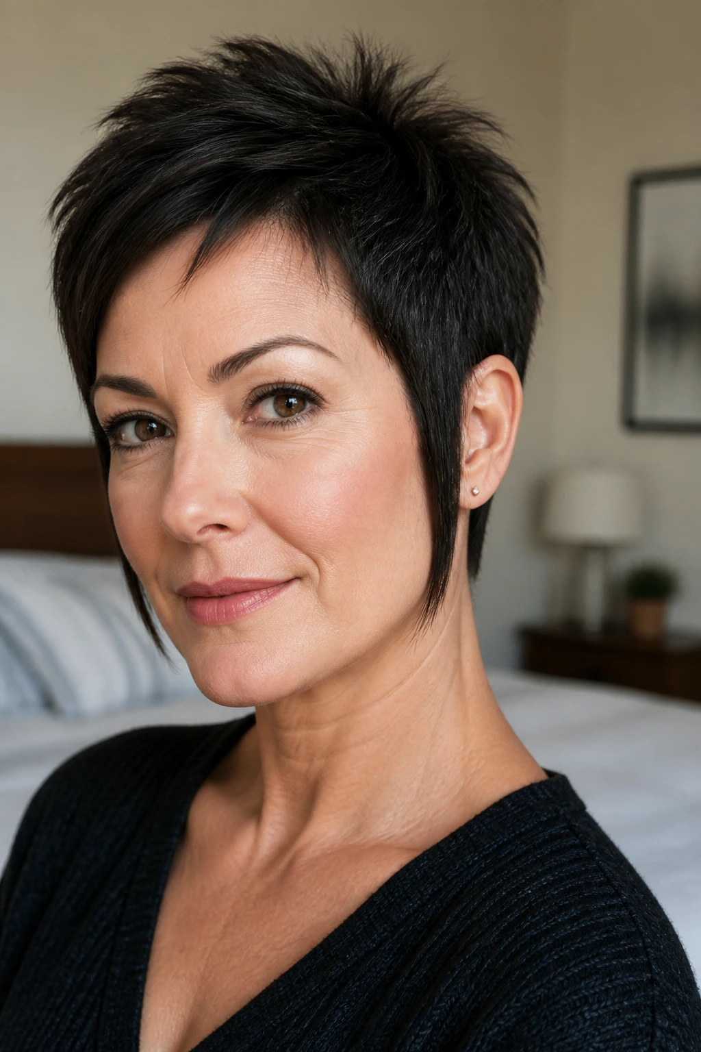 Close-up portrait of a real woman with a short pixie and long sideburns in natural window light