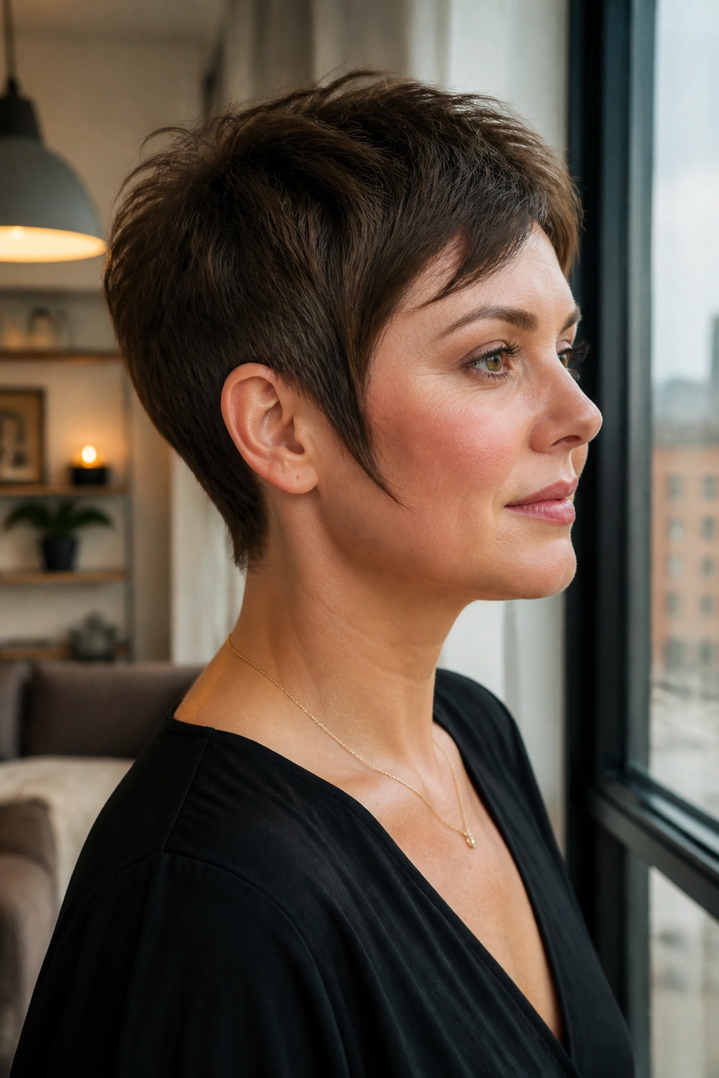 Close-up of a real woman wearing a short tapered pixie with long temple length