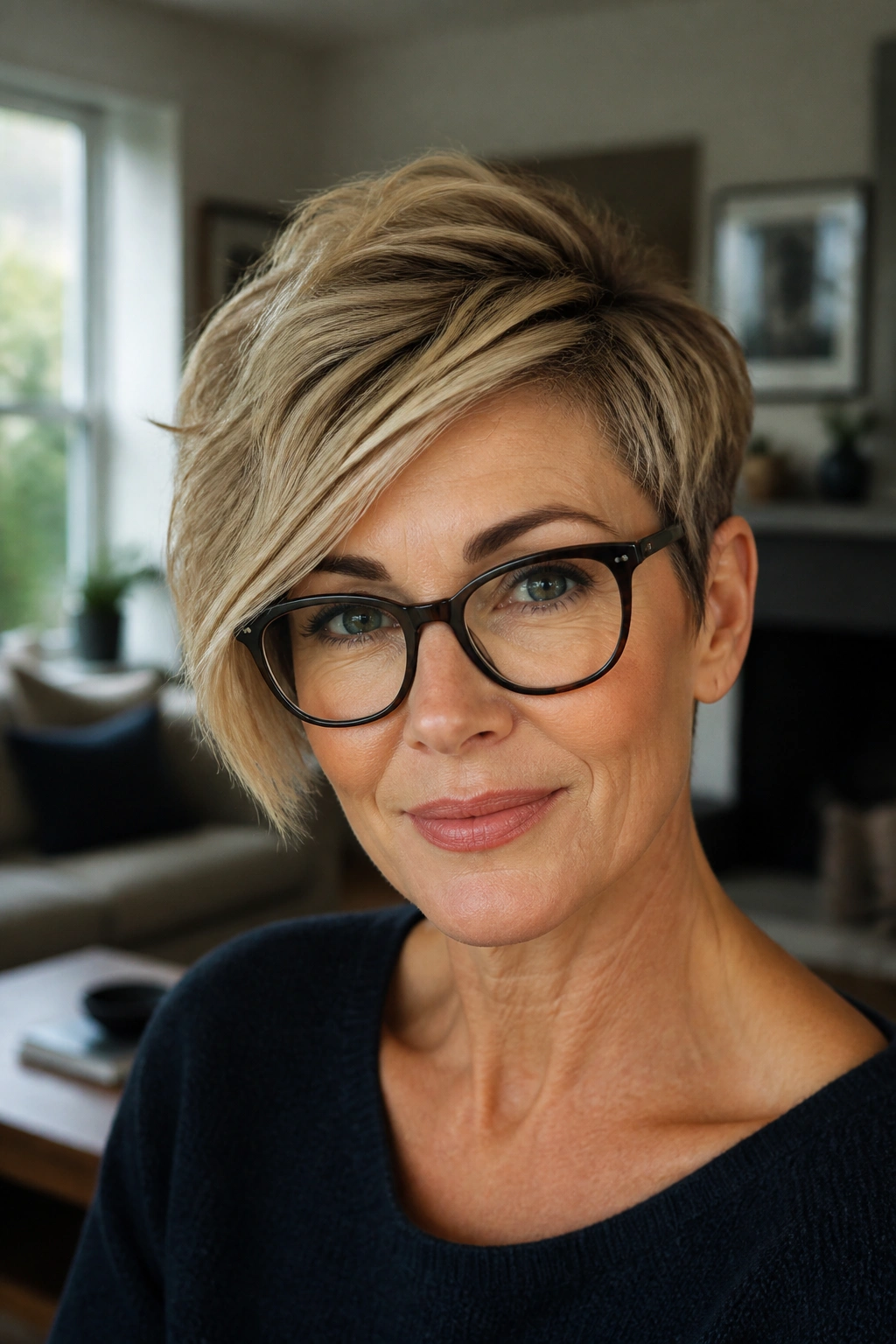 Portrait of a woman with a side-swept pixie hairstyle.