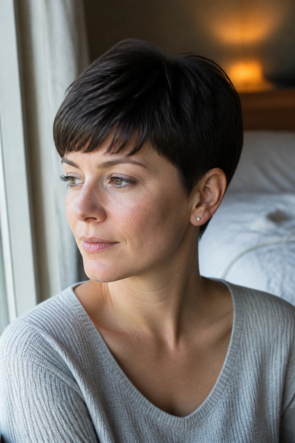 Close-up of a real woman with a classic rounded pixie for straight hair, fringe and soft crown visible