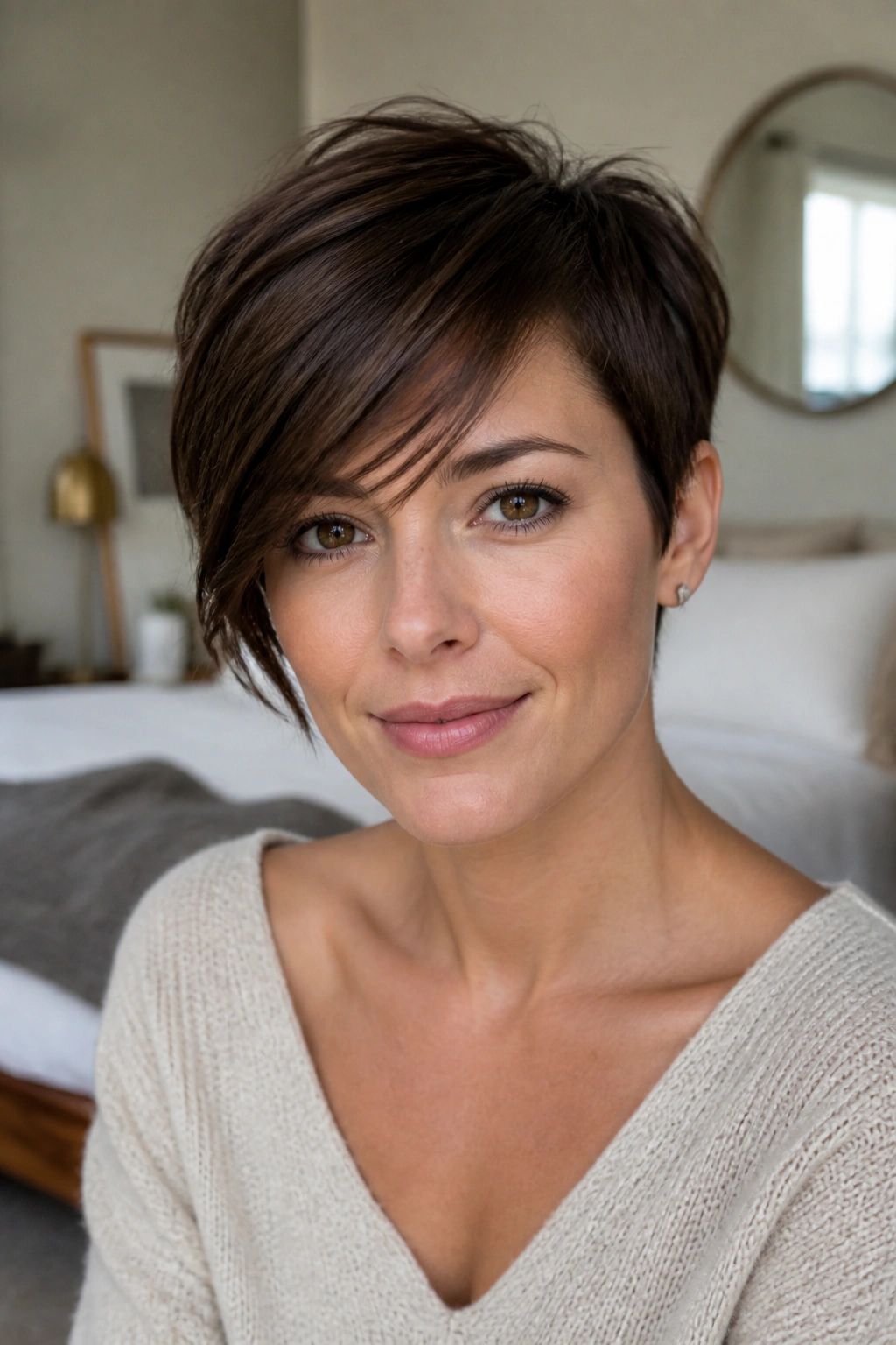 Real woman with long pixie and side fringe in natural daylight