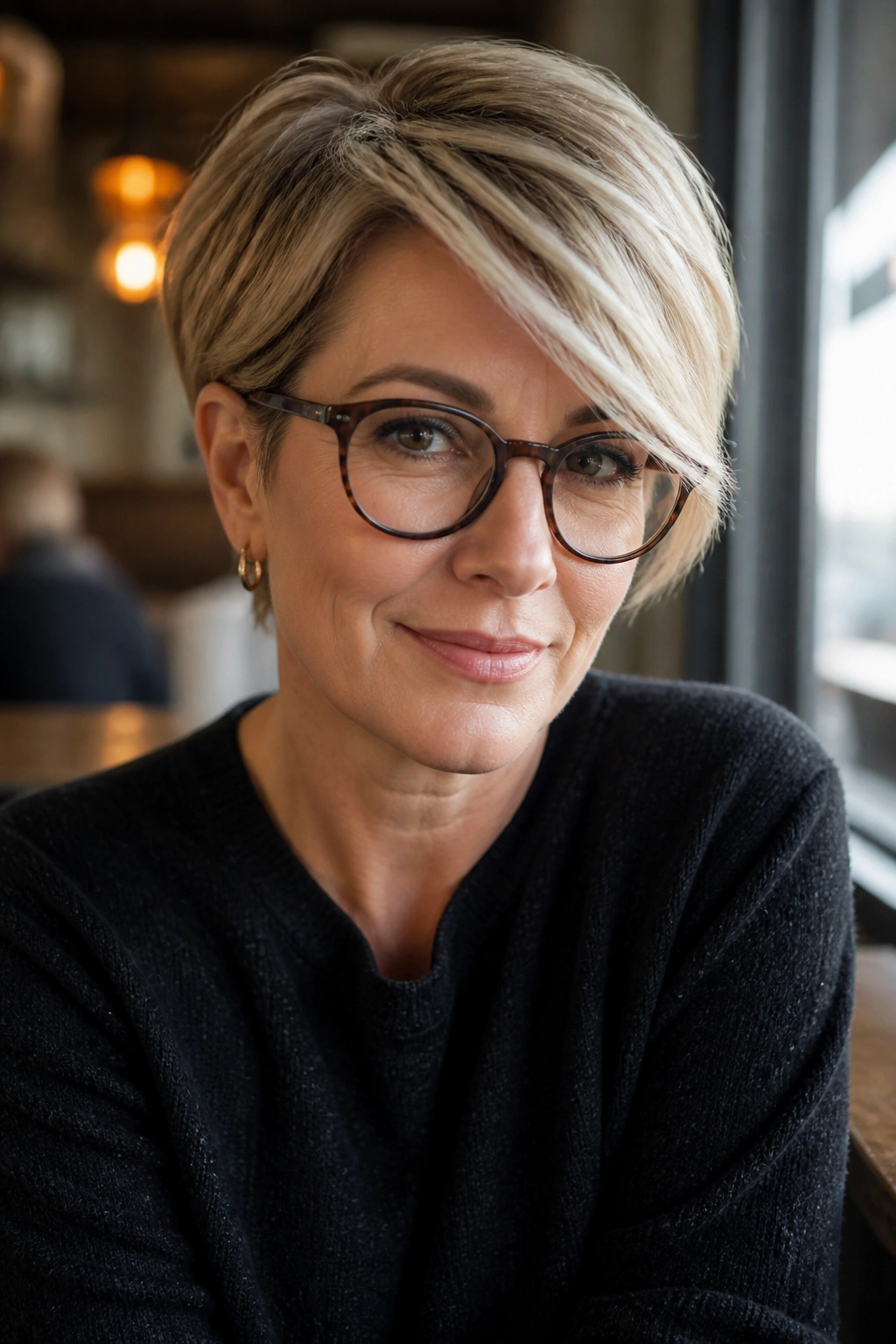 Portrait of a real woman with a side-swept pixie fringe in cafe window light