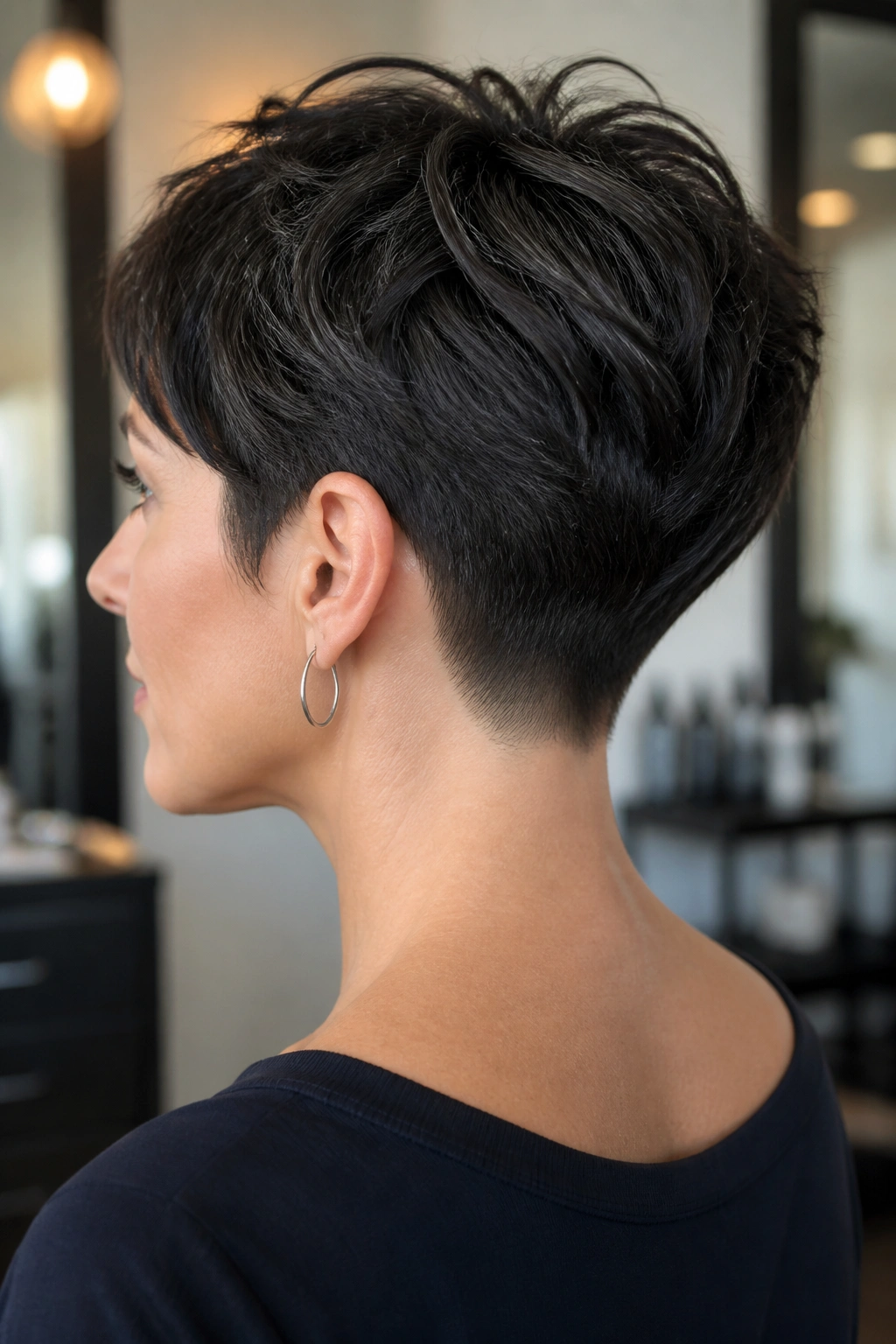 Real woman with tapered pixie and clean nape in salon setting