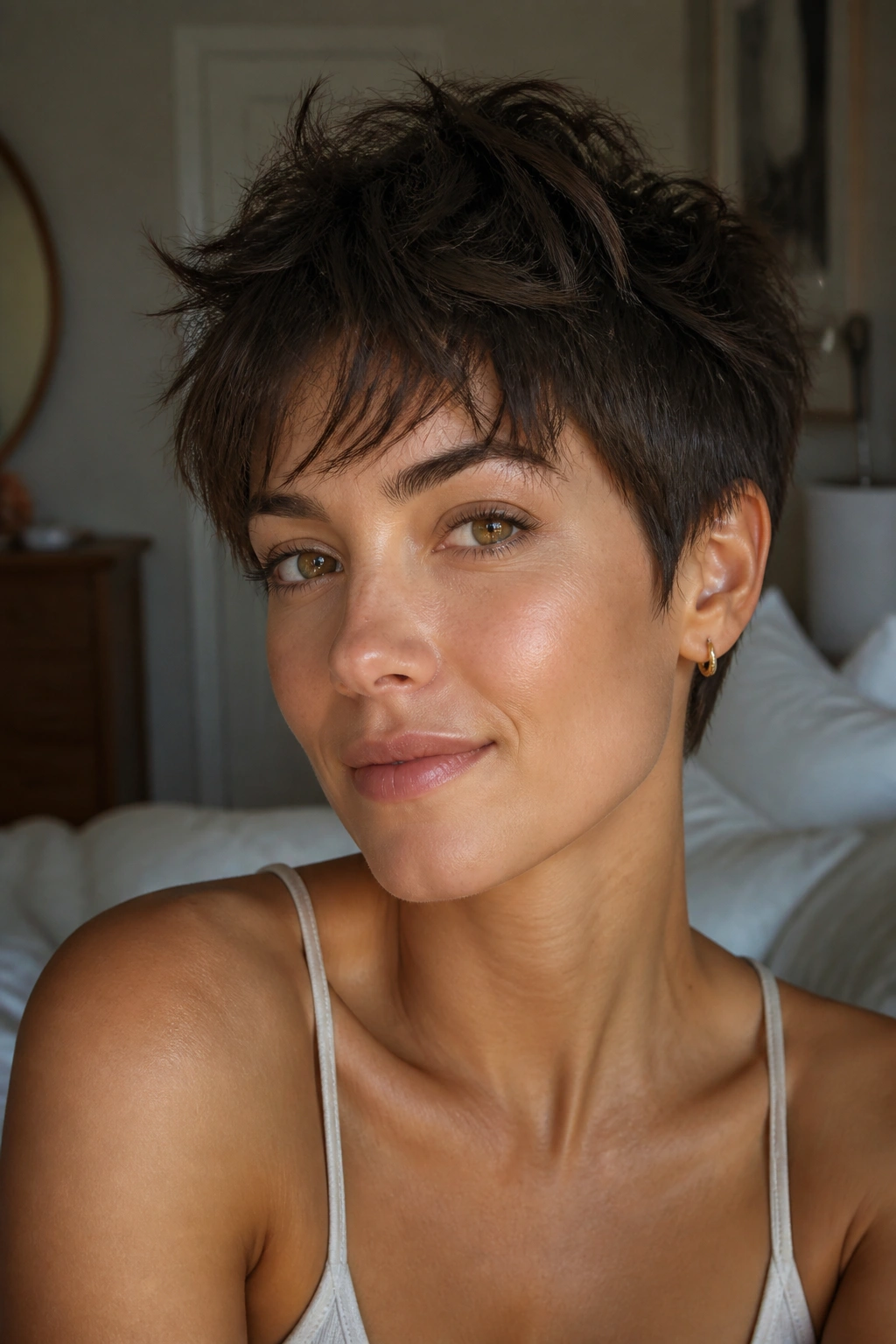 Close-up of a real woman with textured pixie cut and piecey ends in natural window light