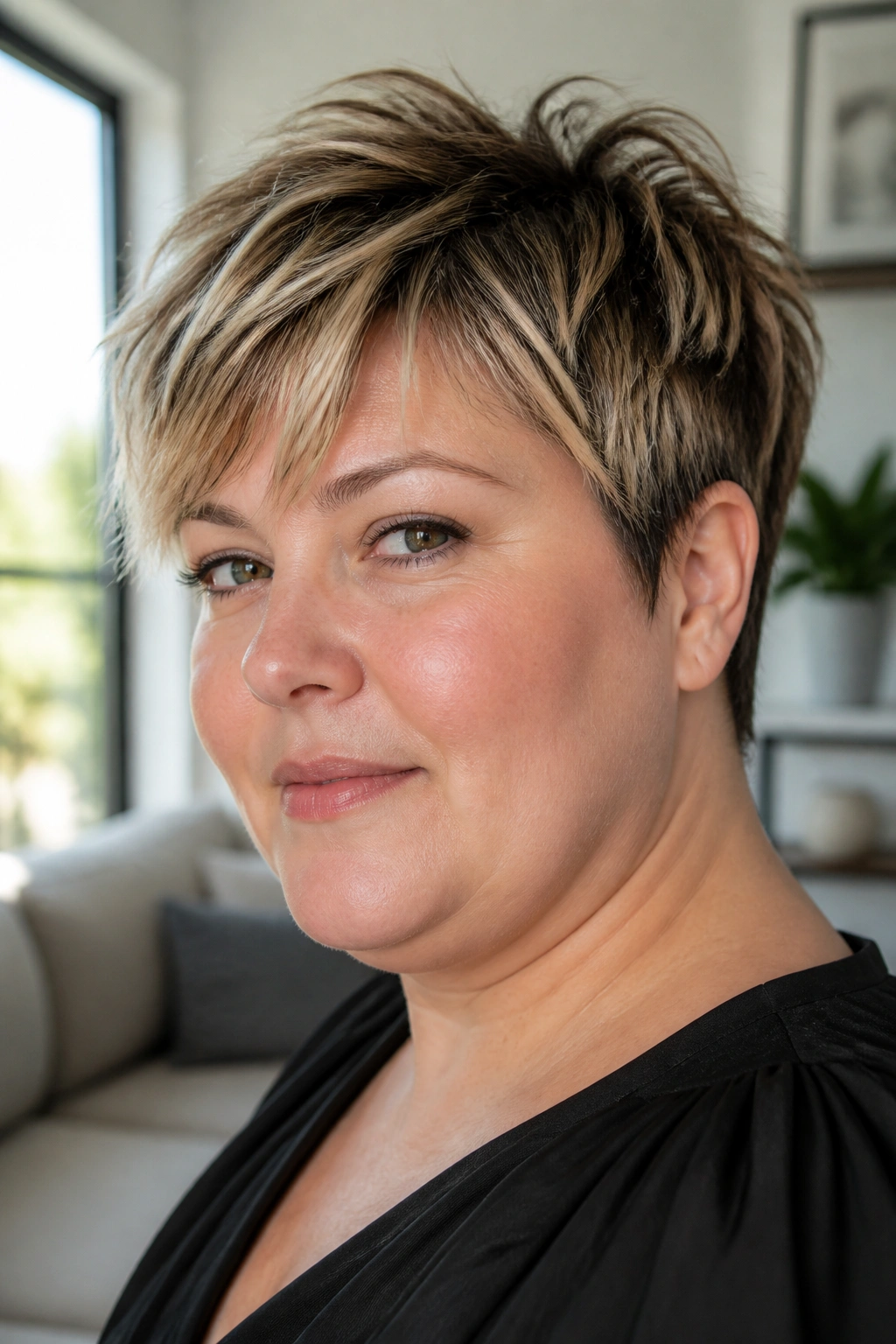 Close-up of a real woman with a tousled piecey pixie and airy fringe in a sunny living room